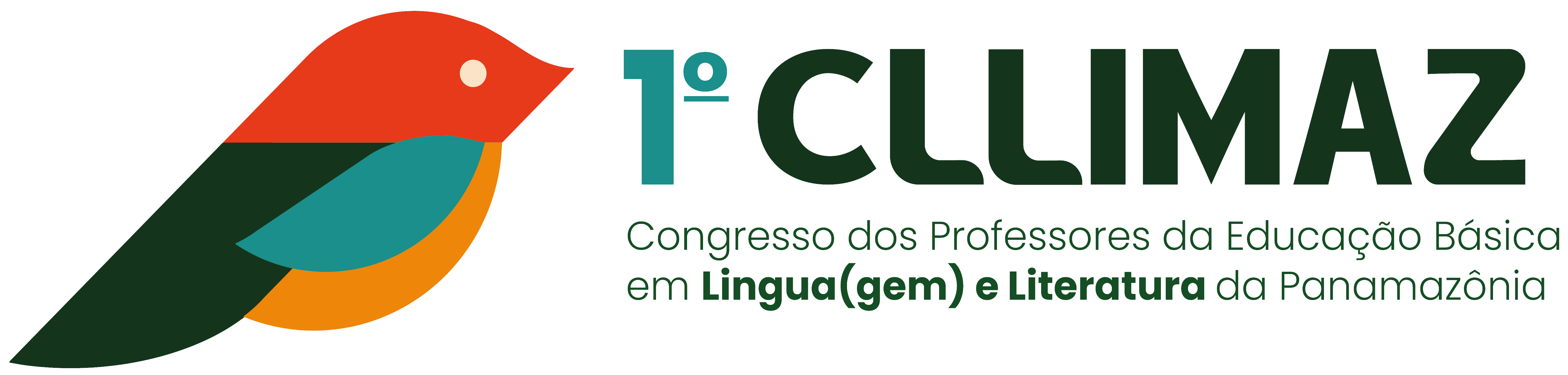 Logotipo do 1º CLLIMAZ com Uirapuru estilizado nas cores vermelho, laranja, verde-azulado e verde escuro, e título do evento nas cores verde-azulado e verde escuro.